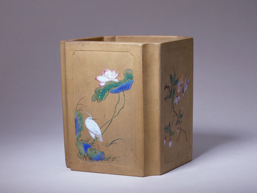 图片[1]-Yixing Kiln Purple Sand Powder Colored Four Seasons Flower and Bird Painting with Corner Pen Holder-China Archive